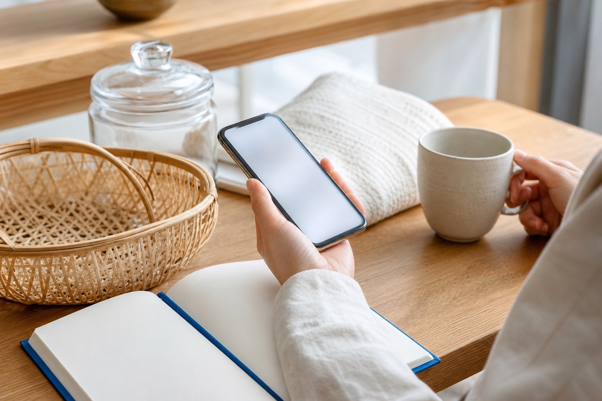 雑貨に囲まれた席でスマートフォンから AI に仕入れを頼む手元