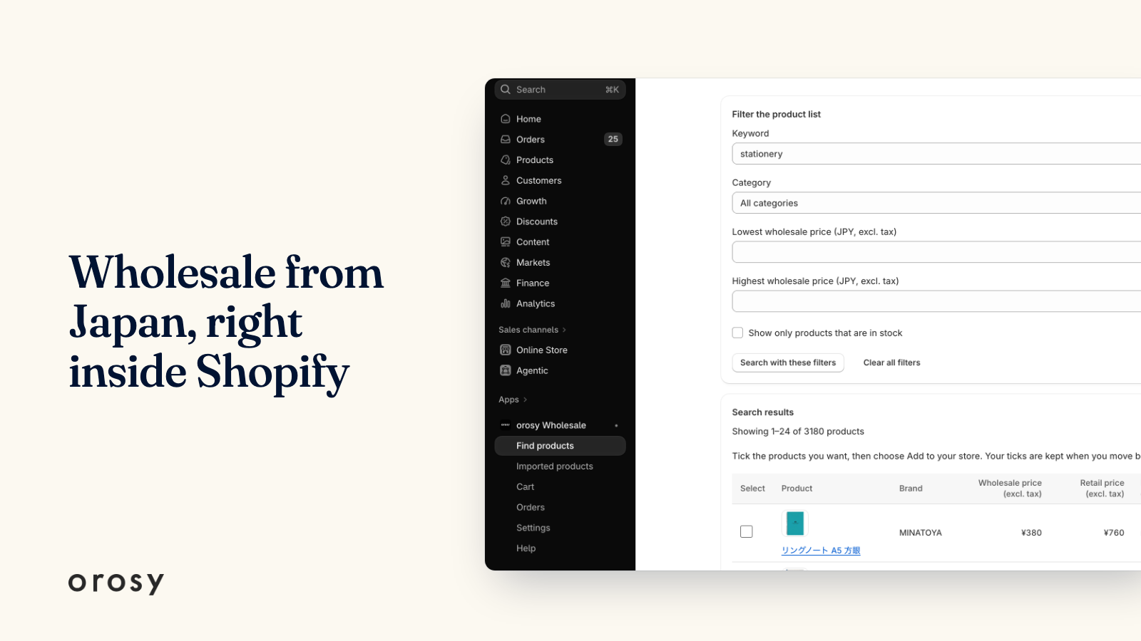 Shopify の管理画面の中で動く orosy Wholesale。商品名・ブランド名・価格はサンプルデータです。