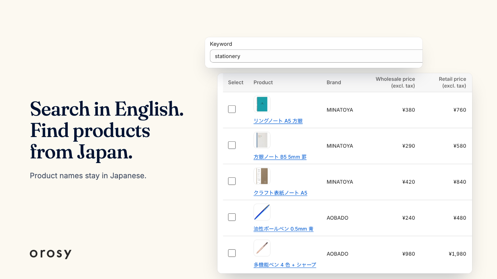 Shopify アプリの中で英語で検索する様子。商品名は日本語のまま表示されます。ブランド名と価格はサンプルデータです。