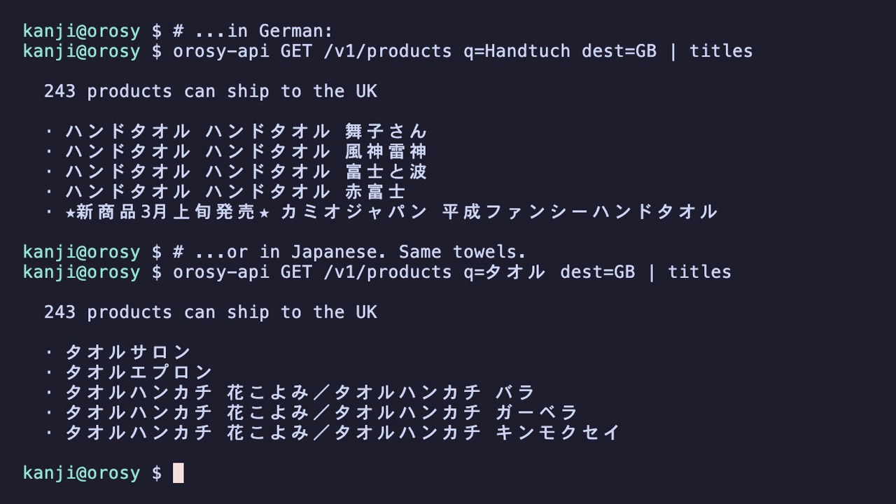 ターミナル録画の最後の画面：英語・ドイツ語・日本語で同じタオルが見つかった様子