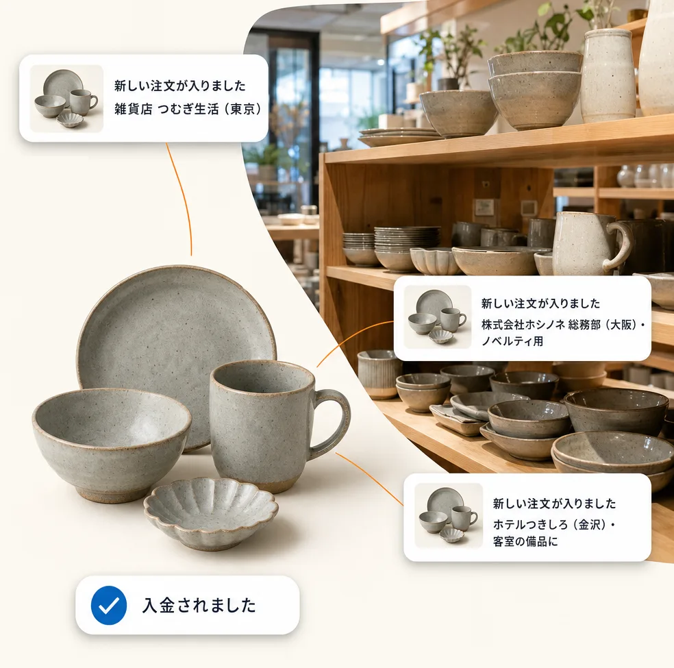御社の商品に、雑貨店・ノベルティ・ホテルなど業種の違う注文が入り、入金される