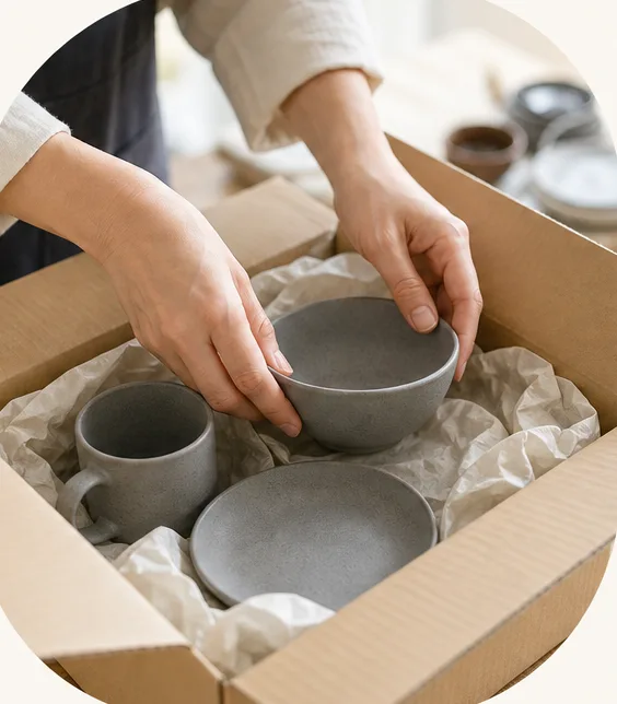 商品を箱に詰めて出荷する手元